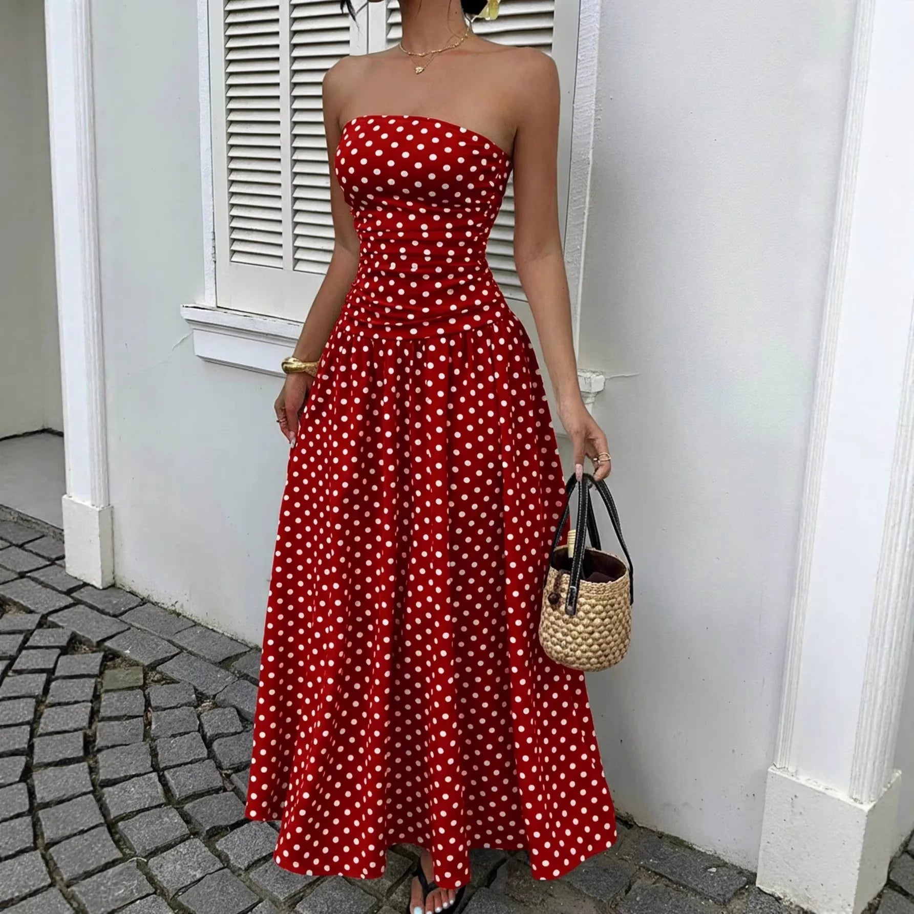 Vestido Largo a Lunares Strapless