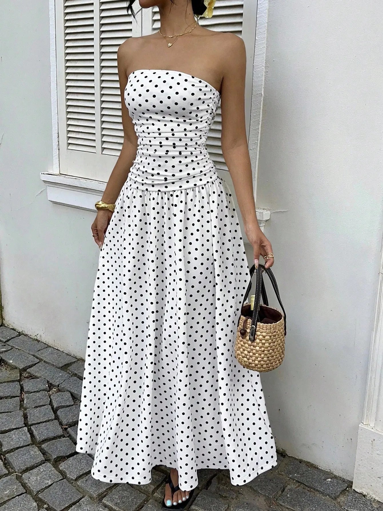 Vestido Largo a Lunares Strapless